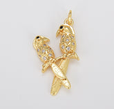 Dainty Love Birds Charm, CZ Gold Bird Charm on Branch Pendant for Necklace Bracelet Jewelry Making, Gift for Her, 29x15mm, CP1608
