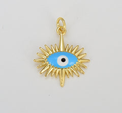Gold Sun Charm, Gold Filled Evil Eye Pendant, Sun Ray Charm, Sunburst Charm, Enamel Evil Eye Sun Pendant, Sunshine Charm, 23x18mm, CP1627
