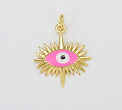 Gold Sun Charm, Gold Filled Evil Eye Pendant, Sun Ray Charm, Sunburst Charm, Enamel Evil Eye Sun Pendant, Sunshine Charm, 23x18mm, CP1627