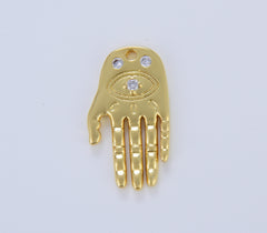 Dainty Gold Hamsa Hand Charm, Gold Evil Eye Charm, Amulet Protection Religion Gift, Cubic Zirconia Necklace Pendant Charm, 24x14mm, CP1632