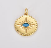 Gold Evil Eye Charm Necklace Blue Eye for Amulet Jewelry, Dainty Evil Eye Charm, Gold Filled Medallion with Cubic Pendant, 22x18mm, CP1641