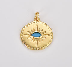 Gold Evil Eye Charm Necklace Blue Eye for Amulet Jewelry, Dainty Evil Eye Charm, Gold Filled Medallion with Cubic Pendant, 22x18mm, CP1641