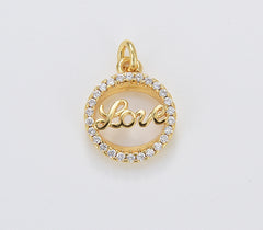 Cursive Love Charm, Gold Filled Love Word Pendant, Round Love Pendant for Necklace Bracelet Earring Component Supply, 13x11mm, CP1647