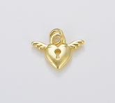 Dainty Heart Lock Charm with Angel Wings Cherub, Tiny Heart Lock with Key Hole Pendant in Gold Filled for Jewelry Making Supply, CP1657