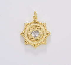 Gold Filled Radial Sun Burst Charm Necklace, Heart CZ Sunburst Gold Pendant, Dainty Celestial Jewelry Gift Necklace Supply, 24x20mm, CP1684