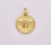 Gold Bee Charm, Fly Charm Pendant Circle Charm, Round Disc, Gold Filled Coin Queen Bee Charm for Necklace Bracelet Animal Insect, CP1709
