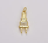 18K Gold Filled Micro Cubic Zirconia Paved Power Cord Plug Pendant, Micro Pave Cubic Zirconia CZ Stone Electricity Plug Charm, 25x10mm, CP1747