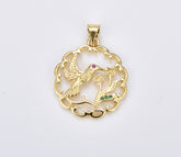 18K Gold Filled Micro Pave Humming Bird Round Pendant Medallion Charms With CZ Flower Stones For Jewelry Making Supplies, 26x20mm, CP1901