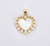 18K Gold Filled Shell Pearl Beaded Heart Charm Pendant for Valentine Jewelry Gift Idea Making, 22x21mm, CP1928