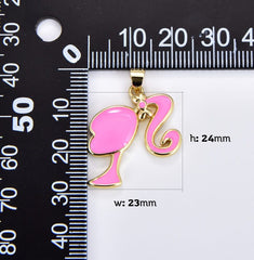 18K Gold Filled Pink Enamel Barbie Doll Head Silhouette Charm, Barbie Doll Head Pendant for Necklace Bracelet Jewelry Making Supply, CP1932A