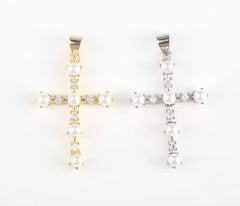 18K Gold Filled Dainty Pearl Cross Charm, CZ Cross Pendant, Religious Charm Bracelet Necklace for DIY Jewelry Making Supply, 28x21mm, CP1944