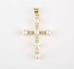18K Gold Filled Dainty Pearl Cross Charm, CZ Cross Pendant, Religious Charm Bracelet Necklace for DIY Jewelry Making Supply, 28x21mm, CP1944
