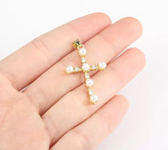 18K Gold Filled Dainty Pearl Cross Charm, CZ Cross Pendant, Religious Charm Bracelet Necklace for DIY Jewelry Making Supply, 28x21mm, CP1944