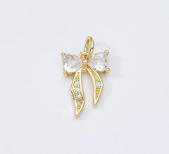 18K Gold Filled Heart Ribbon Bow Charm Pendant CZ Micro Pave for Necklace Bracelet Jewelry Making, 15x10mm, CP1947