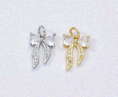 18K Gold Filled Heart Ribbon Bow Charm Pendant CZ Micro Pave for Necklace Bracelet Jewelry Making, 15x10mm, CP1947