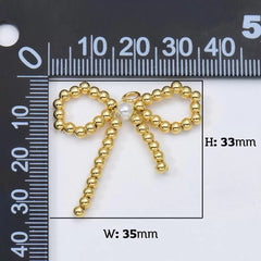 18K Gold Filled Beaded Ribbon Bow Pearl Charm Pendant for Necklace Bracelet Jewelry Making Supply, Gift for Her, 35x33mm, CP1948