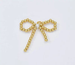 18K Gold Filled Beaded Ribbon Bow Pearl Charm Pendant for Necklace Bracelet Jewelry Making Supply, Gift for Her, 35x33mm, CP1948