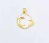 18K Gold Filled Sea Mist White Pearl Moon Heart Round Disc Coin Charm, Crescent Moon Heart Pendant for Minimalist Jewelry Design, CP1957