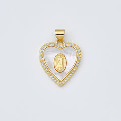 18K Gold Filled Blessed Virgin Mary Shell Pearl Heart Charm, Lady Of Guadalupe, Virgin Mary Pendant for Necklace Bracelet Jewelry Making, CP1971