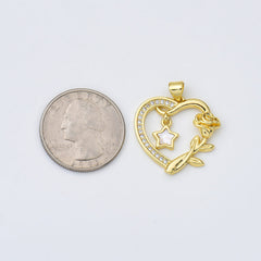 18K Gold Filled Shell Pearl Open Heart with Star Charm, Rose Flower Heart Pendant, Mother Of Pearl Heart Charm, 23x24mm, CP1973