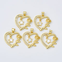 18K Gold Filled Shell Pearl Open Heart with Star Charm, Rose Flower Heart Pendant, Mother Of Pearl Heart Charm, 23x24mm, CP1973