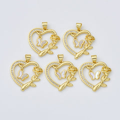 18K Gold Filled Shell Pearl Open Heart with Butterfly Charm, Rose Flower Heart Pendant, Mother Of Pearl Heart Charm, 23x24mm, CP1979