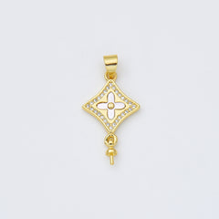 18K Gold Filled Diamond Flower Shell Pearl Charm, Four Leaf Clover Charm, Flower CZ Pendant for Necklace Bracelet Jewelry Making Supply, CP1980