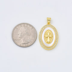 18K Gold Filled Cross Shell Pearl Charm Medallion, Cross Pendant for Religious Necklace Bracelet Jewelry Making Supply, 19x28mm, CP1993