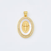 18K Gold Filled Angel Cross Shell Pearl Charm Medallion, Cross Pendant for Religious Necklace Bracelet Jewelry Making Supply, 19x27mm, CP1994