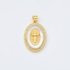 18K Gold Filled Angel Cross Shell Pearl Charm Medallion, Cross Pendant for Religious Necklace Bracelet Jewelry Making Supply, 19x27mm, CP1994