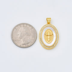 18K Gold Filled Angel Cross Shell Pearl Charm Medallion, Cross Pendant for Religious Necklace Bracelet Jewelry Making Supply, 19x27mm, CP1994