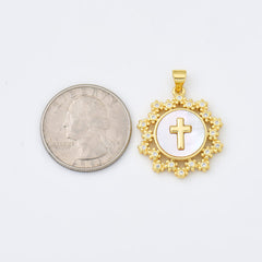 18K Gold Filled Cross Shell Pearl Charm, Cross Pendant for Religious Necklace Bracelet Jewelry Making Supply, 23x26mm, CP1998