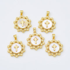 18K Gold Filled Cross Shell Pearl Charm, Cross Pendant for Religious Necklace Bracelet Jewelry Making Supply, 23x26mm, CP1998