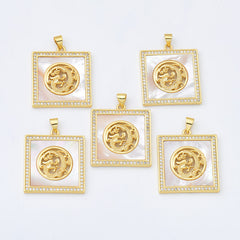 18K Gold Filled Mythical Dragon Shell Pearl Tag Charm, Square Dragon Pendant CZ Micro Pave for Necklace Bracelet Jewelry Making Supply, CP2022