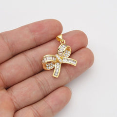 18K Gold Filled Baguette CZ Ribbon Bow Charm, Dainty Bow Pendant for Bracelet Necklace Earring Jewelry Making Supply, 28x23mm, CP2033
