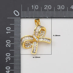 18K Gold Filled Baguette CZ Ribbon Bow Charm, Dainty Bow Pendant for Bracelet Necklace Earring Jewelry Making Supply, 28x23mm, CP2033
