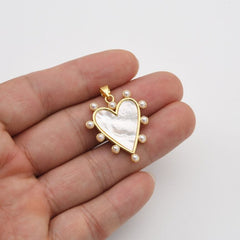 18K Gold Filled Shell Pearl Heart Charm, Heart Love Pendant for Valentine Jewelry Gift Idea Making, 31x23mm, CP2034