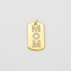 18K Gold Filled Mom Tag Charm, Mom Word Pendant CZ Micro Pave for Bracelet Necklace DIY Jewelry Making Supply, Mothers Day Gift, 28x14mm, CP2045
