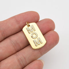 18K Gold Filled Mom Tag Charm, Mom Word Pendant CZ Micro Pave for Bracelet Necklace DIY Jewelry Making Supply, Mothers Day Gift, 28x14mm, CP2045