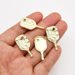 18K Gold Filled Dainty Pickle Ball Charm, Sports Paddle Pendant Cubic Zirconia Micro Pave for Necklace Bracelet Jewelry Making Supply, 29x14mm, CP2060