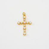 18K Gold Filled Round White Pearl Cross Charm, Religious Cross Pendant Cubic Zirconia Micro Pave for Necklace Bracelet Jewelry Making Supply, CP2065
