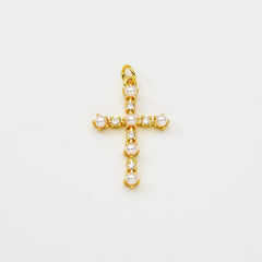 18K Gold Filled Round White Pearl Cross Charm, Religious Cross Pendant Cubic Zirconia Micro Pave for Necklace Bracelet Jewelry Making Supply, CP2065