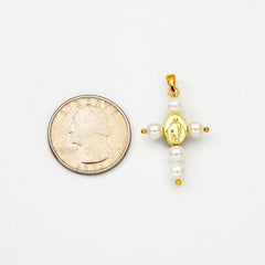 18K Gold Filled Virgin Mary Cross Charm, Our Lady of Guadalupe Pearl Cross Pendant for Religious Jewelry Making Supply, CP2070