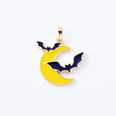 18K Gold Filled 2 Flying Bats Halloween Charm, Crescent Moon Pendant, Yellow and Black Enamel Halloween Spooky Pendants, Witch Charm, CP2079
