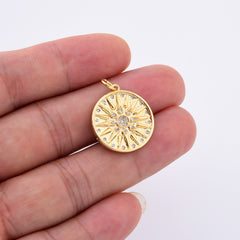 18K Gold Filled Micro Pave Sun Charm, Clear Cubic Charms, Cubic Zirconia Gold Bohemian Jewelry Inspired Charm, Sun Burst Celestial Jewelry Supply, CP2098