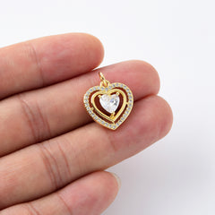 18K Gold Filled Dainty Heart Love Charm, Cubic Zirconia Paved Heart Pendant, Add-On Charm, Double Heart Charm for Necklace Bracelet Jewelry Making, CP2102
