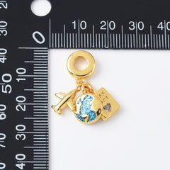 18K Gold Filled Passport/Earth/Plane Travel Theme Rondelle Bail Drop Pendant for Necklace Bracelet Jewelry Making Supply, 26x24mm, CP2118