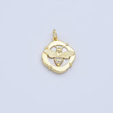 18K Gold Filled Dainty Queen Bee Pearl Charm, Bumble Bee CZ Micro Pave Insect Stamped Quatrefoil Round Pendant, MOP Bee Charm, CP2171