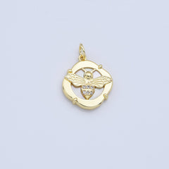 18K Gold Filled Dainty Queen Bee Pearl Charm, Bumble Bee CZ Micro Pave Insect Stamped Quatrefoil Round Pendant, MOP Bee Charm, CP2171