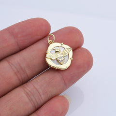 18K Gold Filled Dainty Queen Bee Pearl Charm, Bumble Bee CZ Micro Pave Insect Stamped Quatrefoil Round Pendant, MOP Bee Charm, CP2171